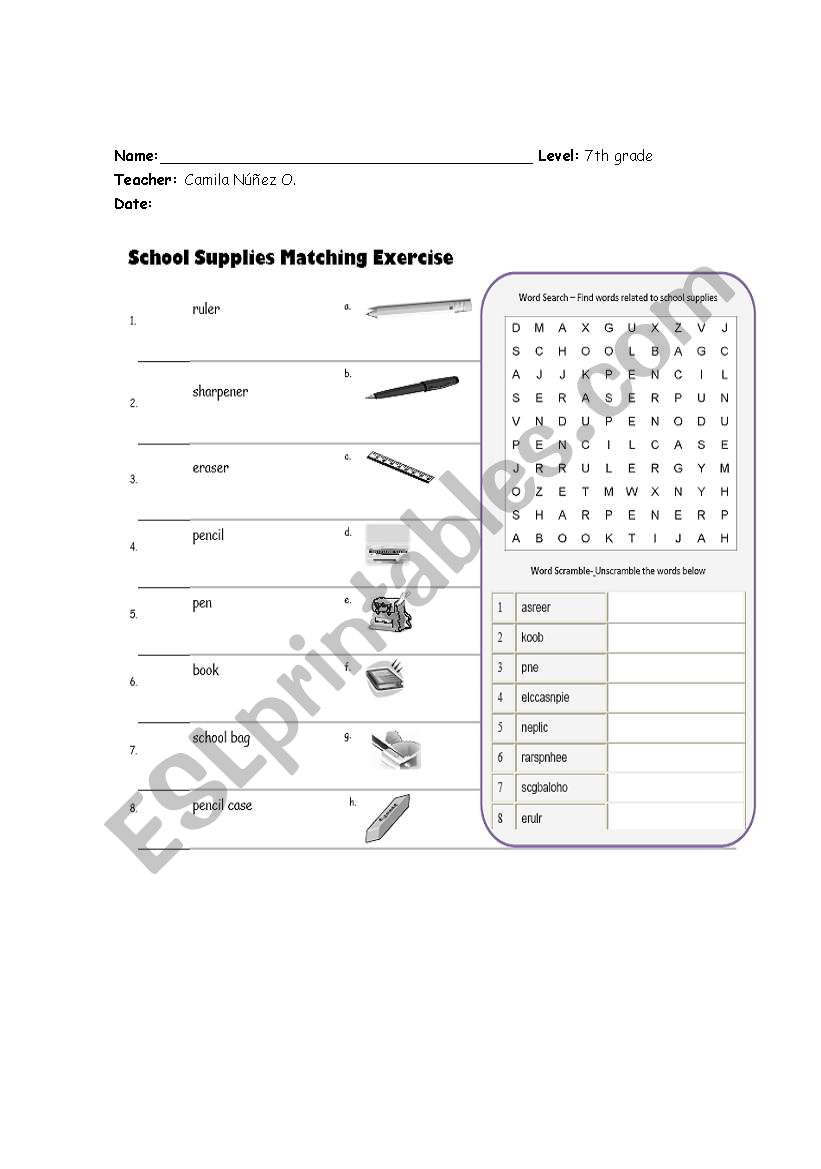 Matching Exercises School Objects