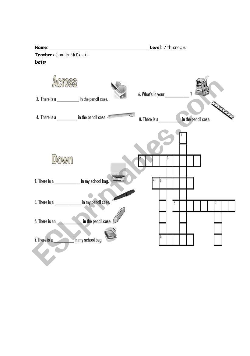Crossword School Objects worksheet
