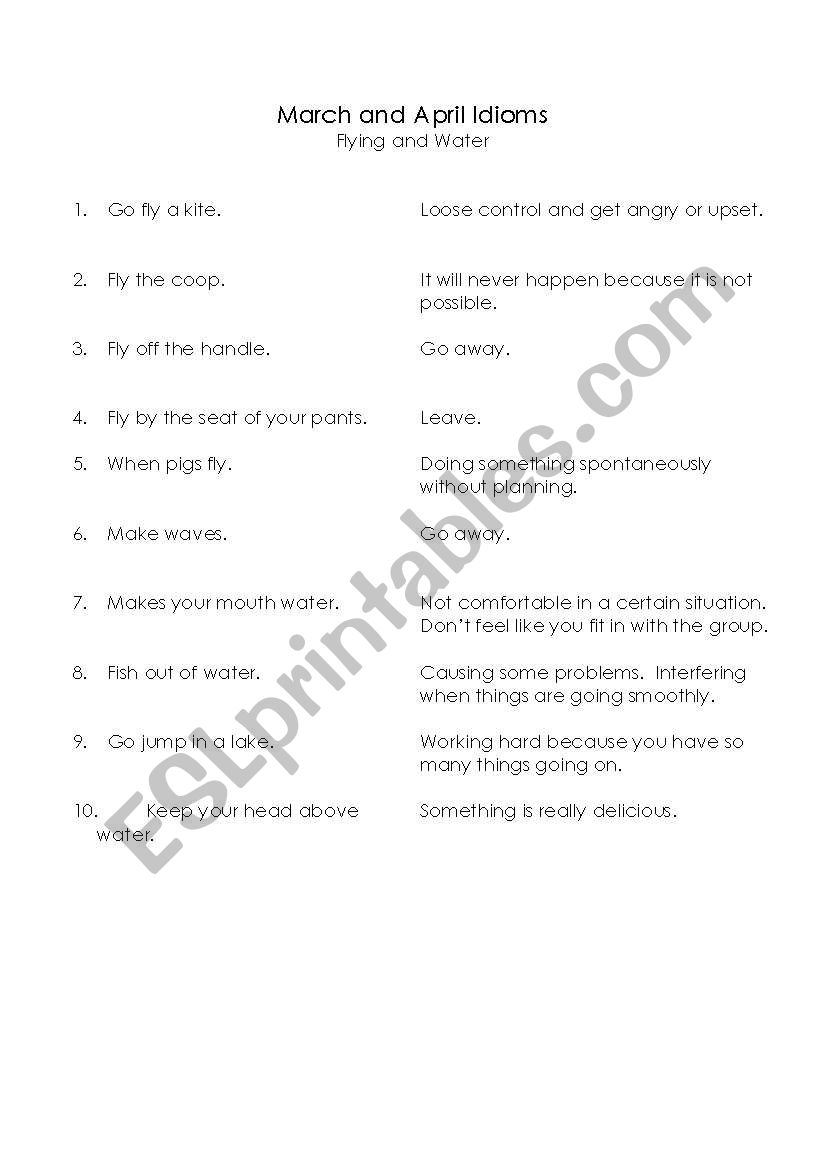 March and April Idiom match worksheet