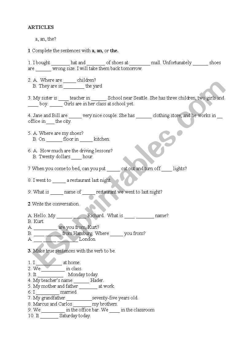 examen about articles and verb to be 