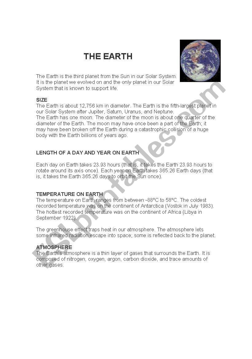 THE EARTH worksheet