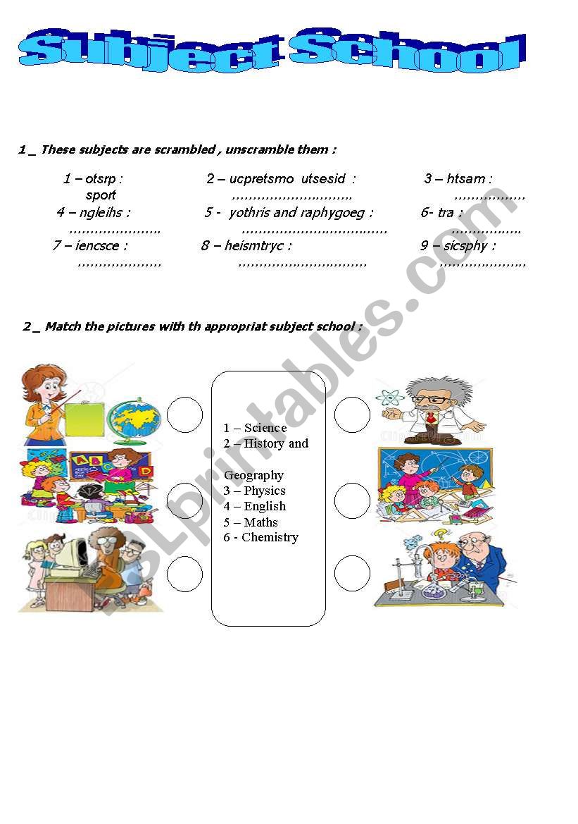 subject school worksheet