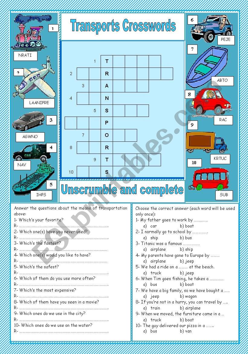 Transports - crosswords & exercises