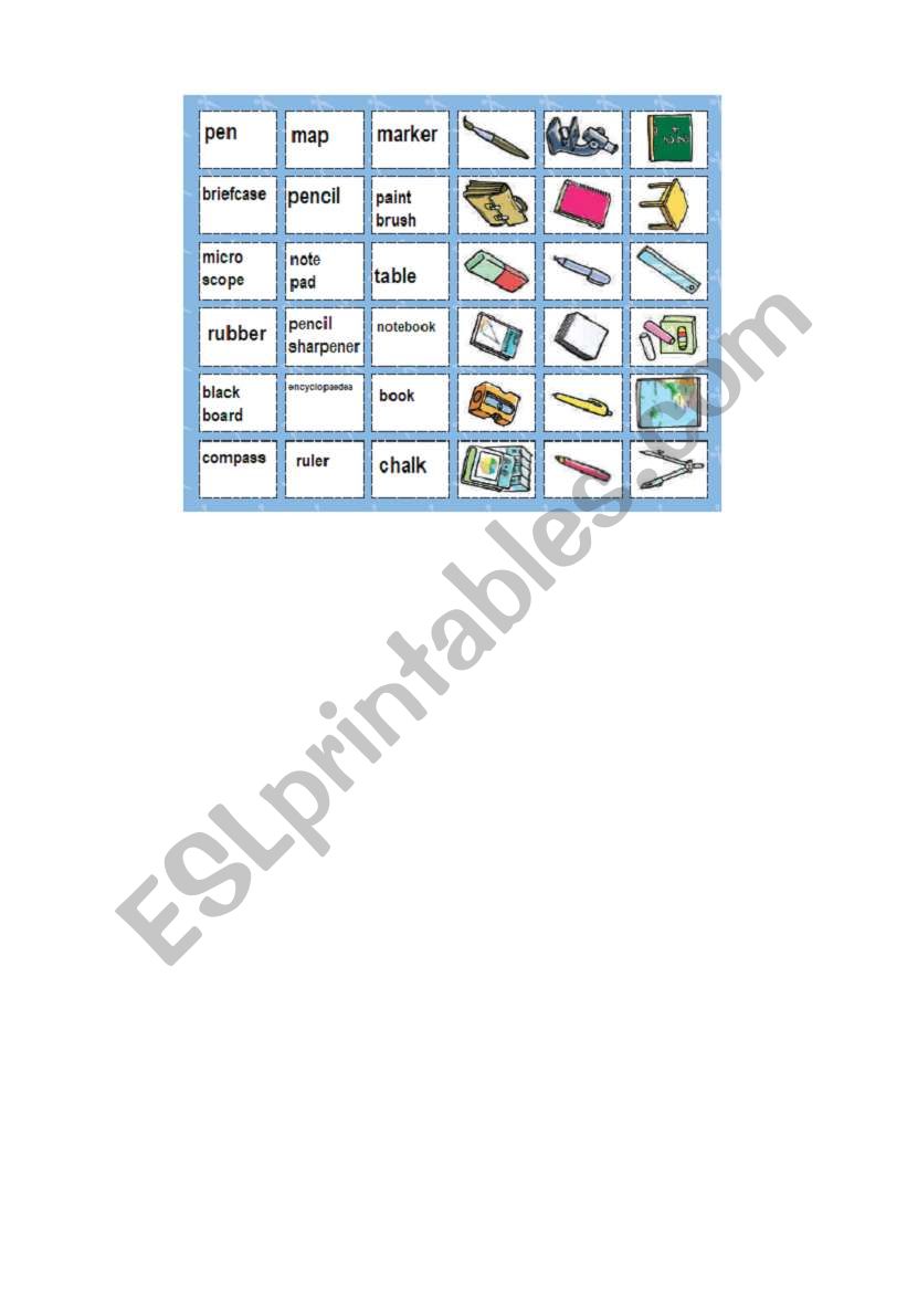 school materials memory game worksheet
