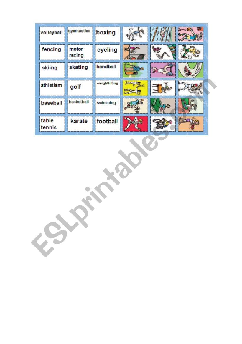 sports memory cards worksheet