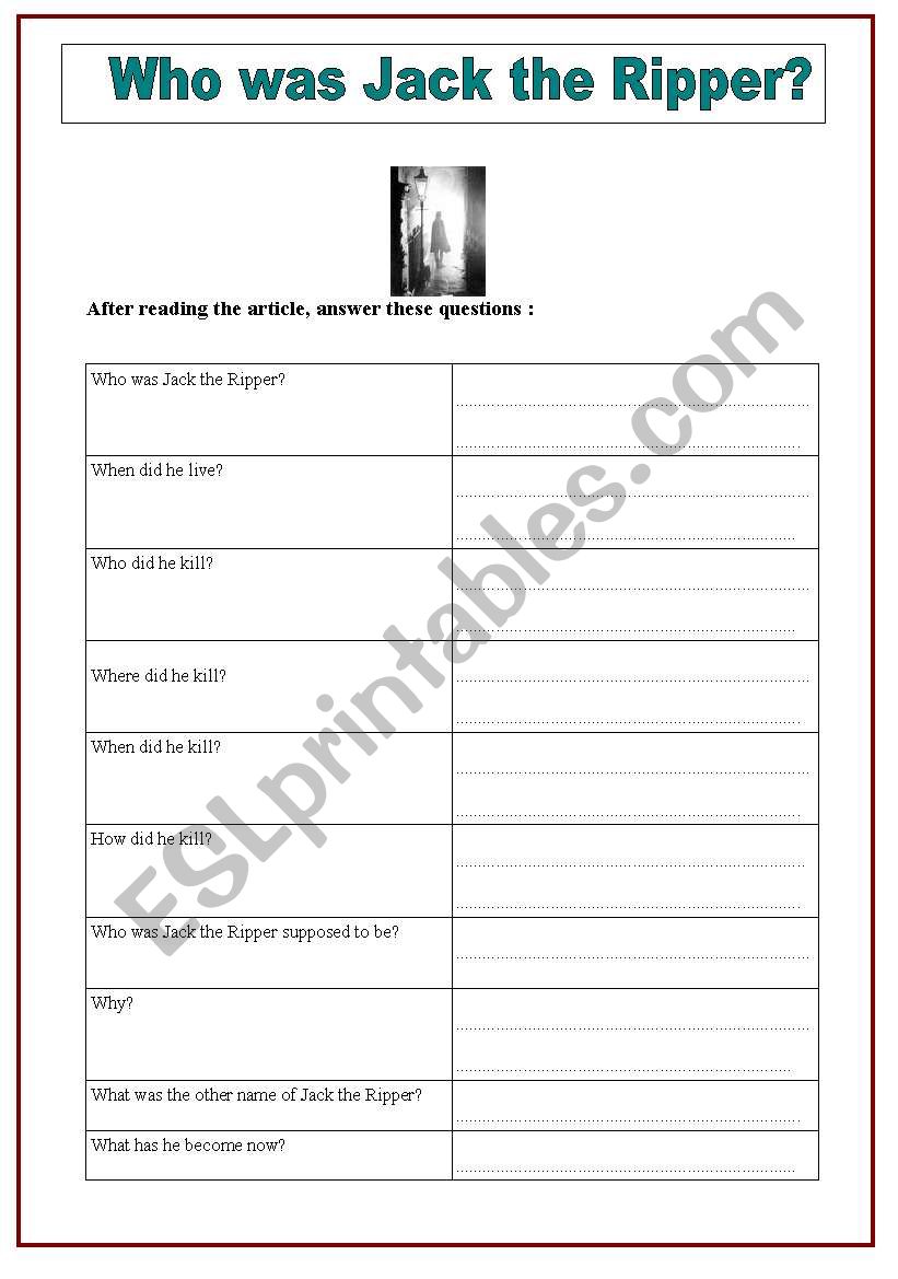 Jack the Ripper  activity 1 worksheet