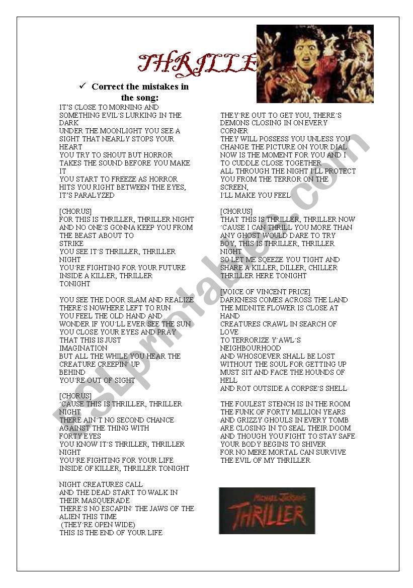 THRILLER  SONG 3-05-09 worksheet