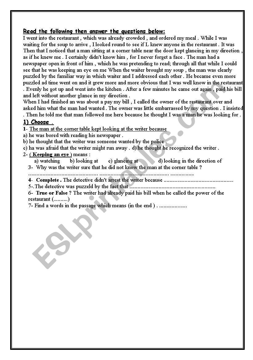 the man and the resturant worksheet