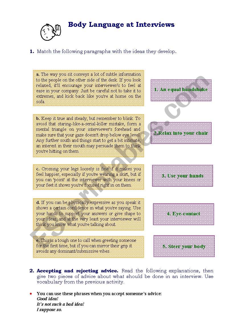 Body language at interviews worksheet