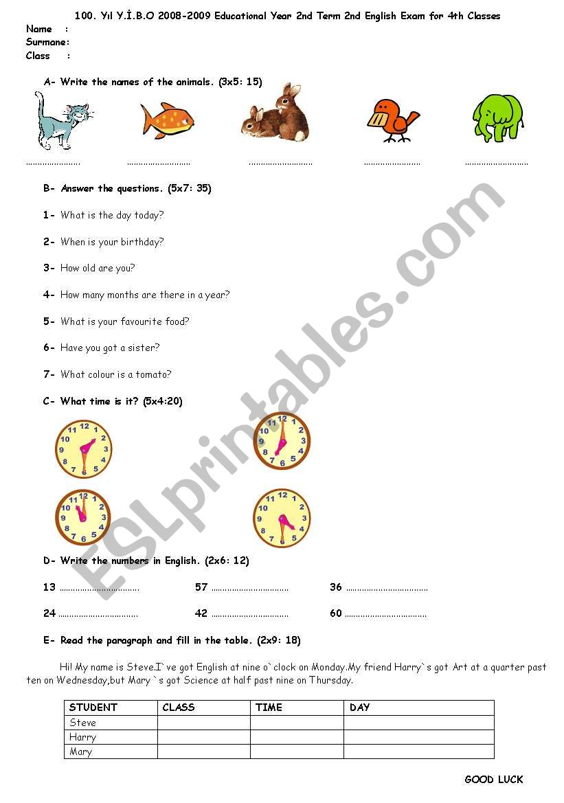 sample exam for 4th clases worksheet