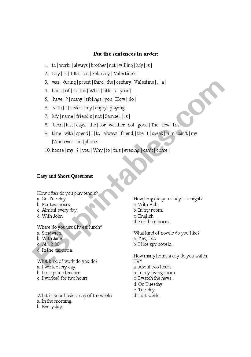 Sentence structure worksheet