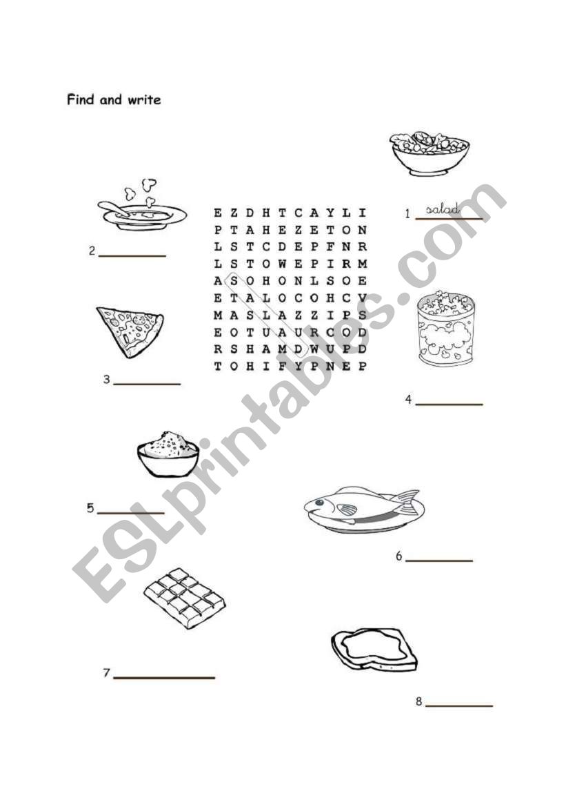 food wordsearch puzzle worksheet