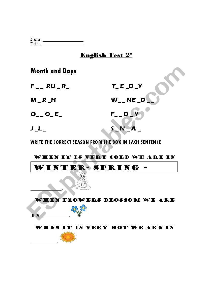 seasons days of week worksheet