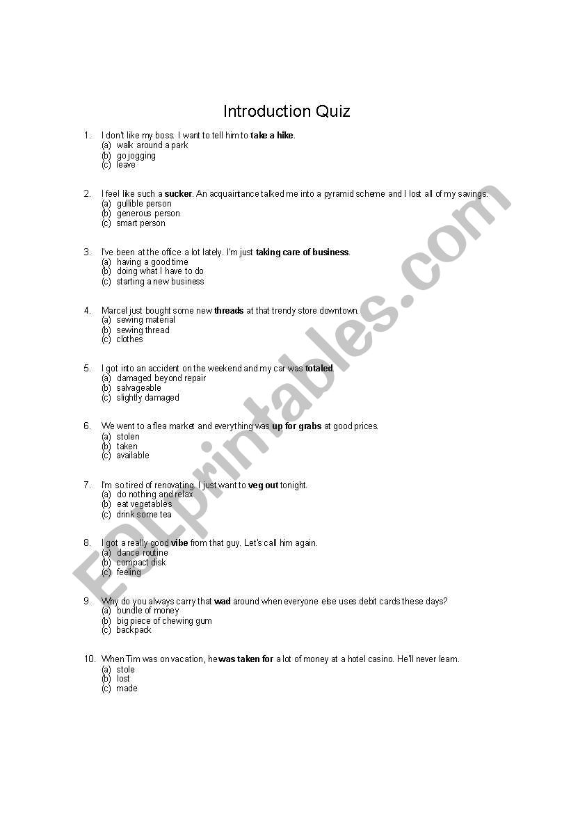 Slang Class Quiz worksheet