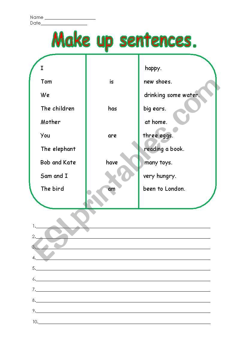 make up sentences worksheet
