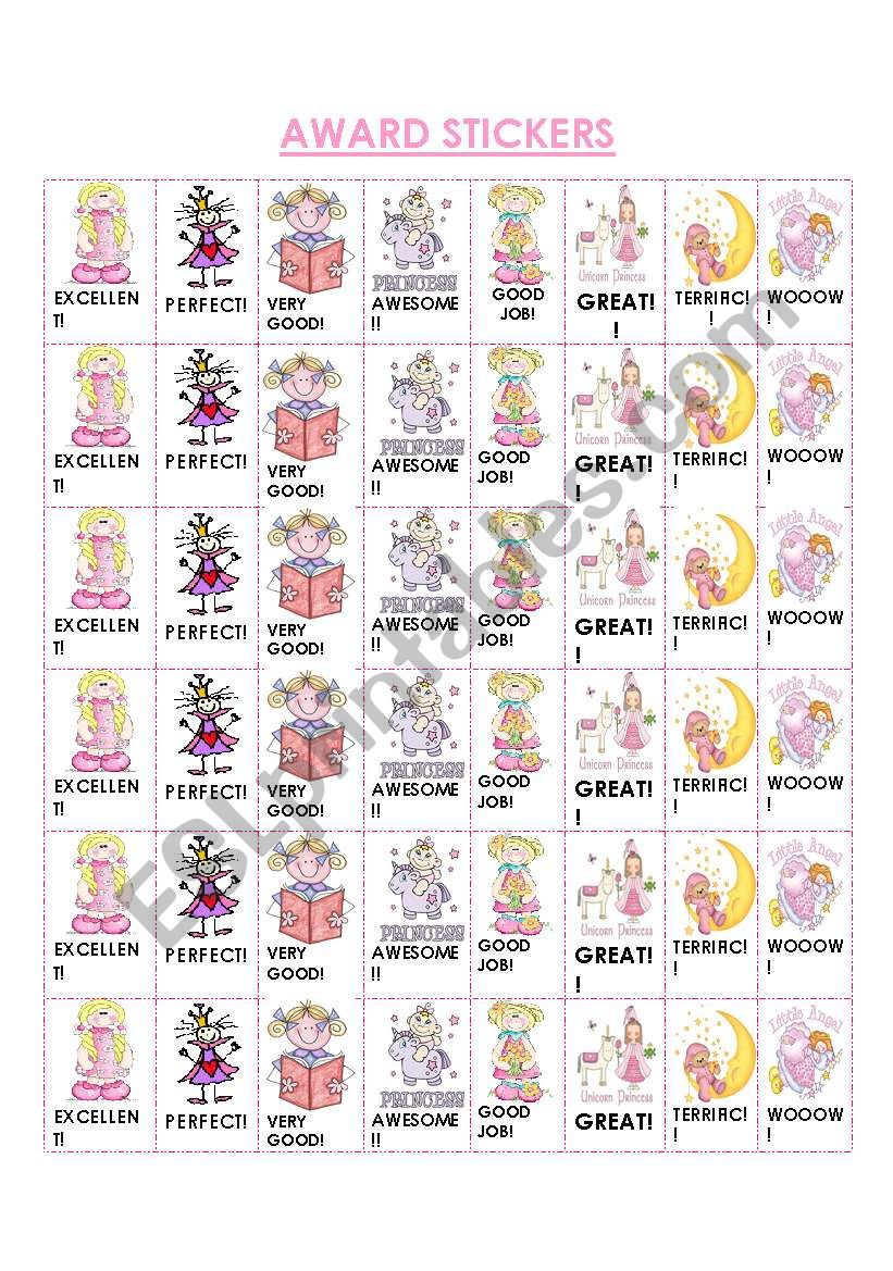 AWARD STICKERS FOR GIRLS worksheet