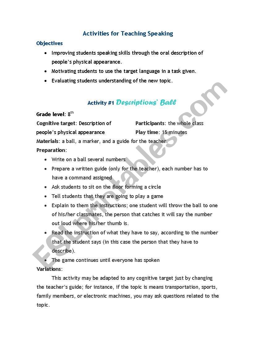 Descriptions Ball worksheet