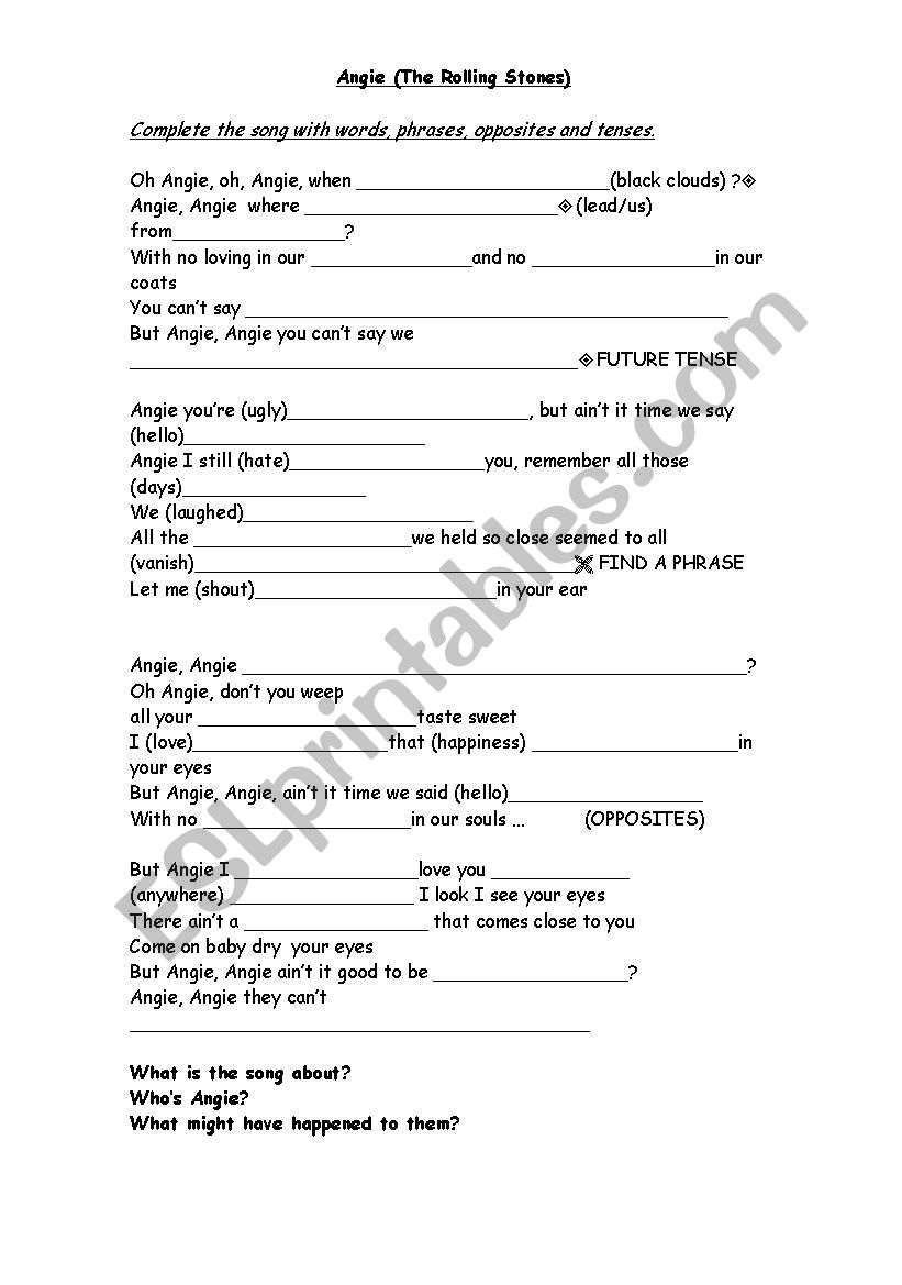 angie the rolling stones worksheet