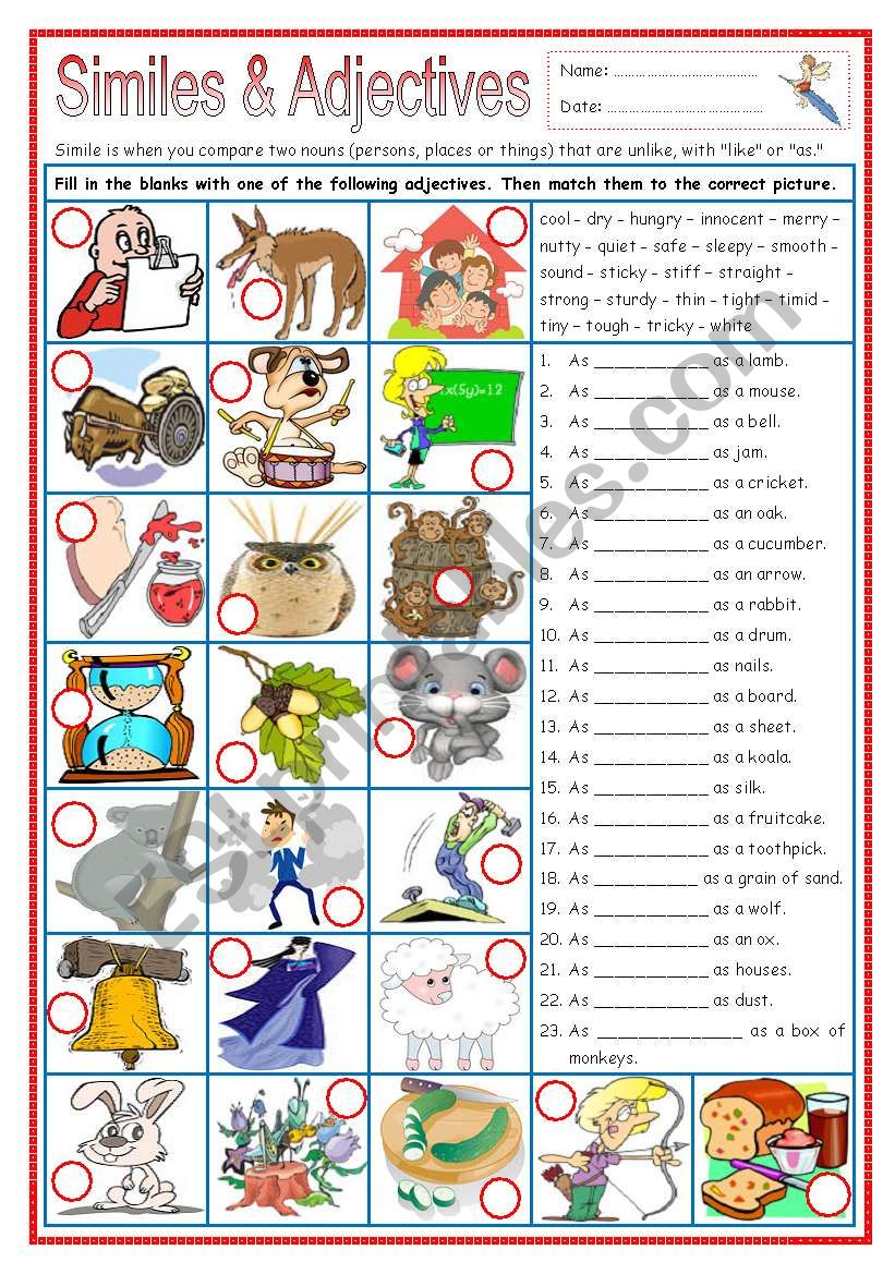 Adjectives And Similes Worksheets