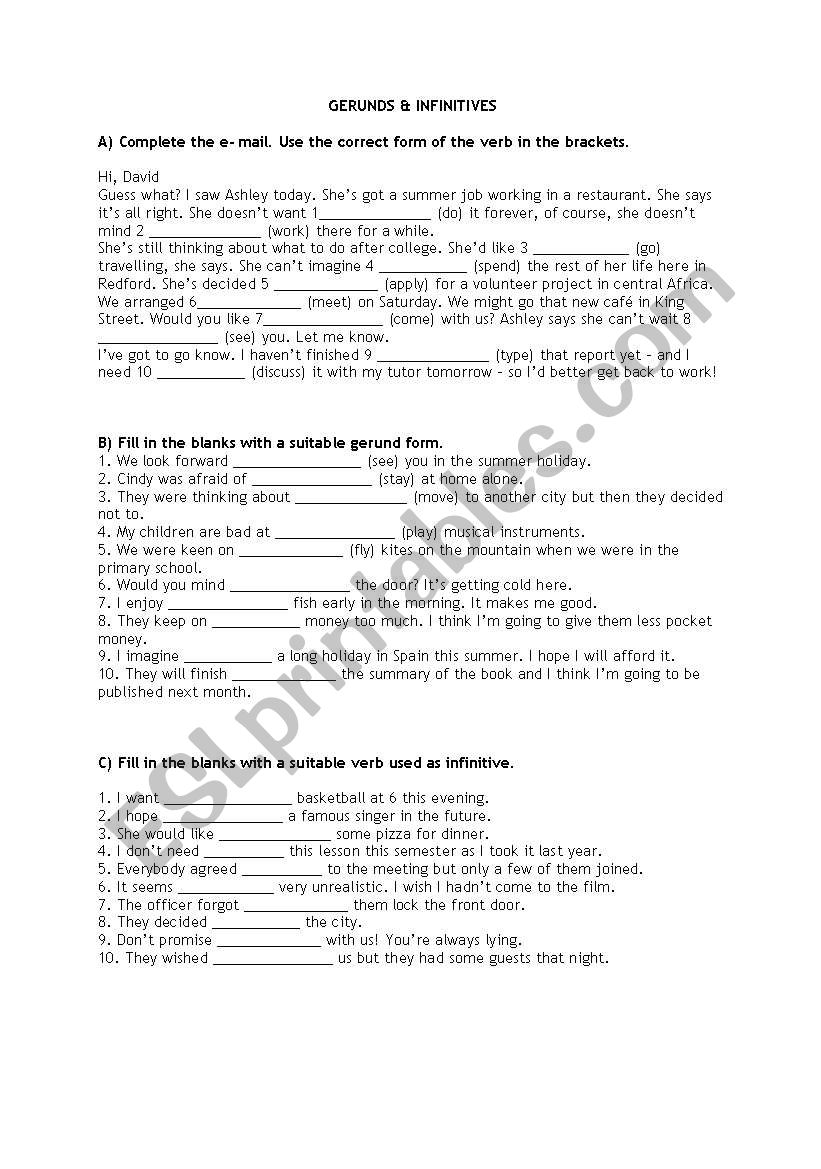 gerunds infinitives worksheet