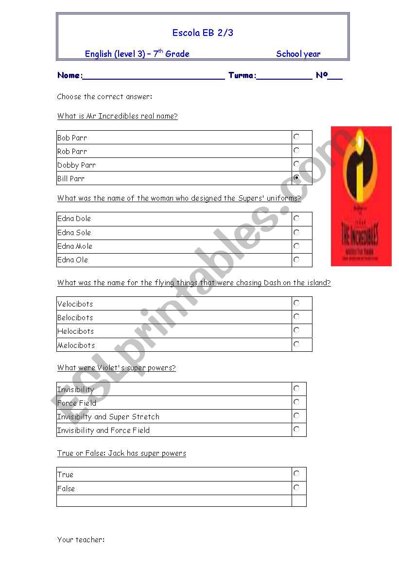 the incredibles worksheet