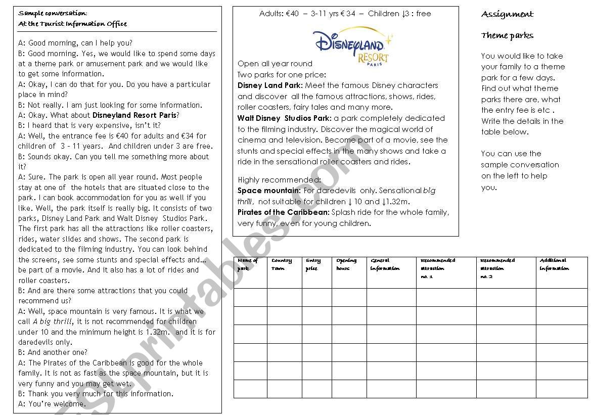 Talking about theme parks 1/2 worksheet
