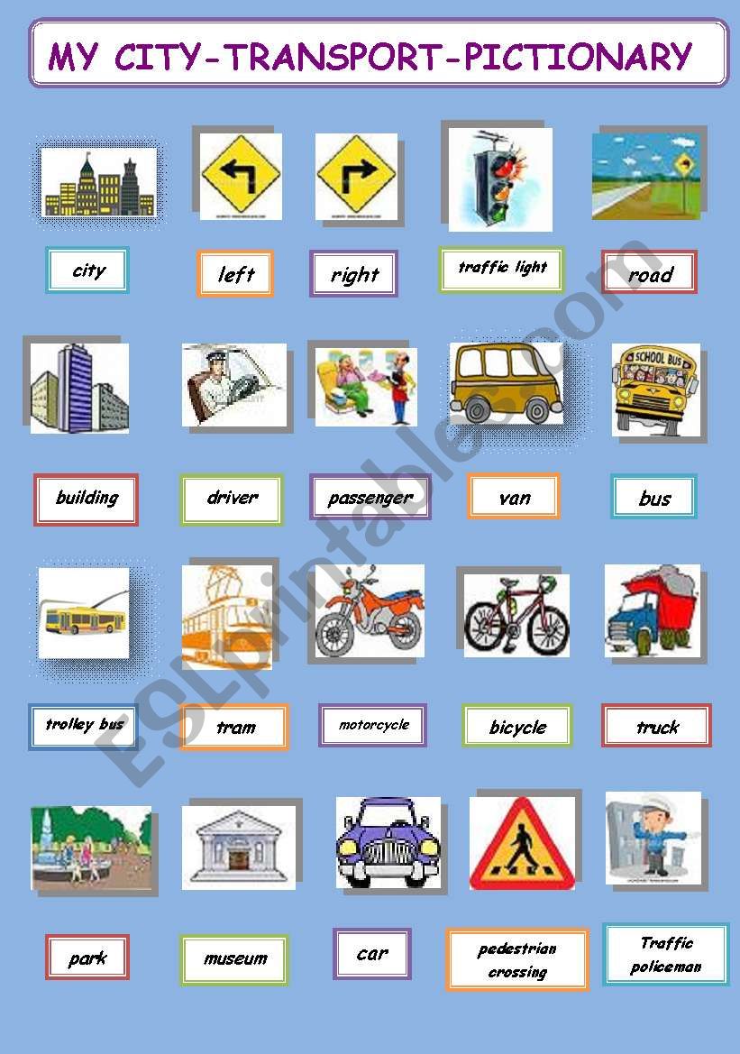 my city- transport-pictionary worksheet