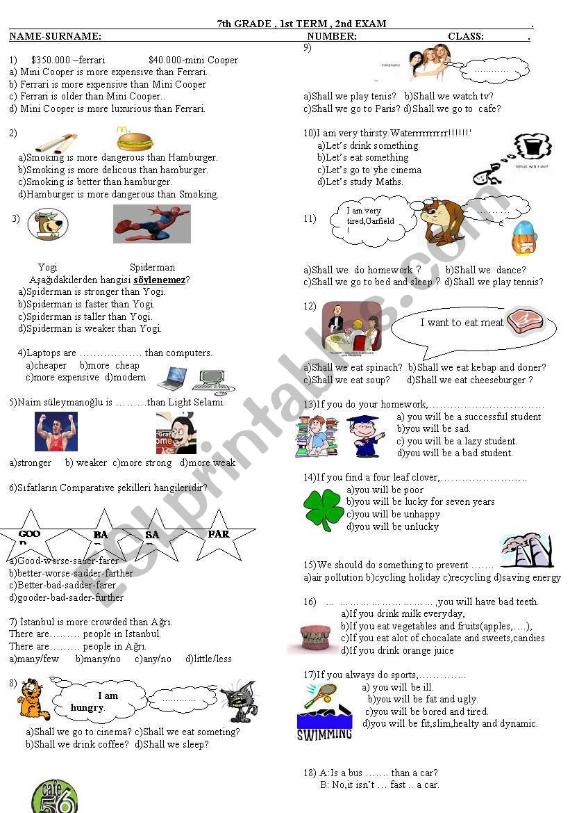 7th class general tests worksheet