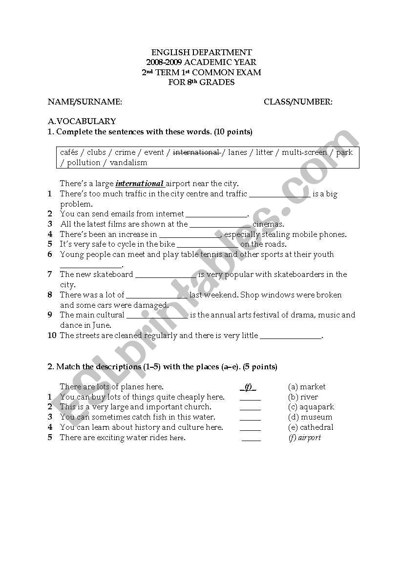 8th grades exam worksheet