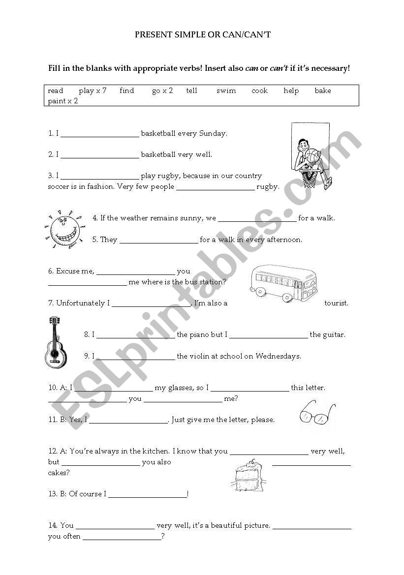 Present Simple or Can? worksheet