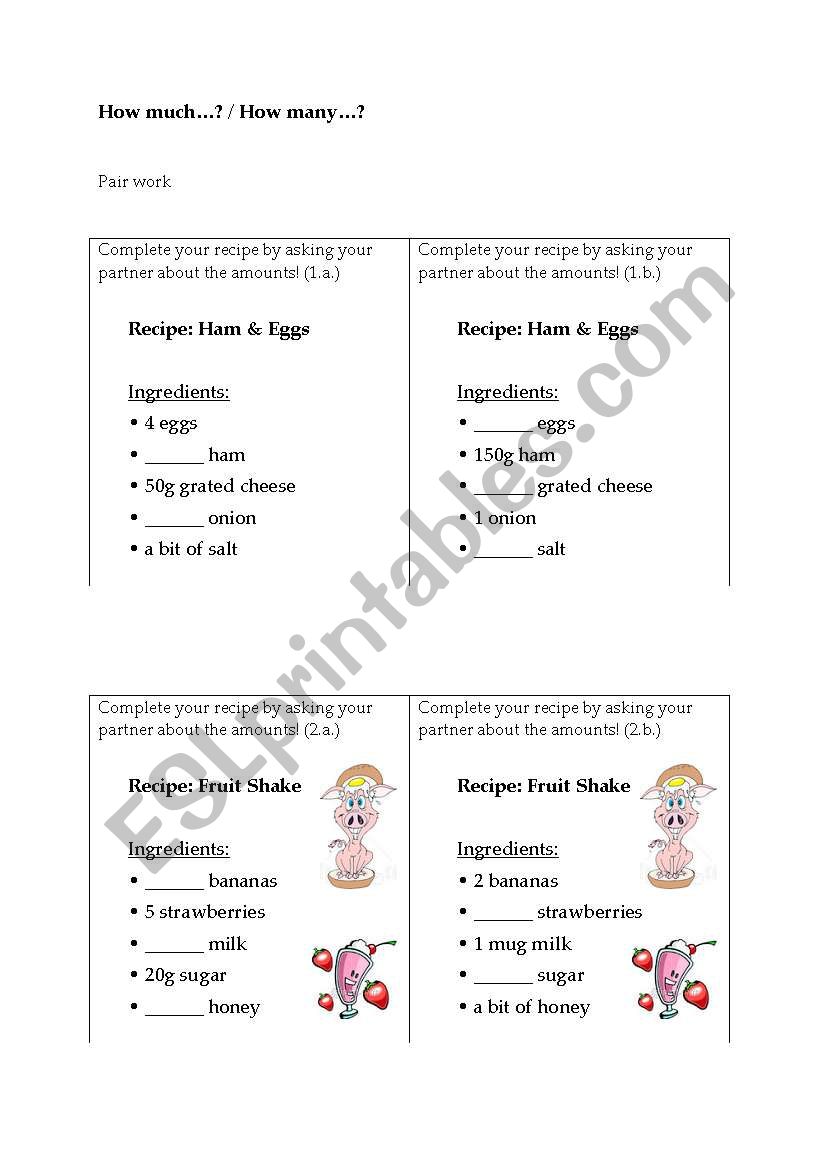 How much / How many - Completing recipes (pair work)