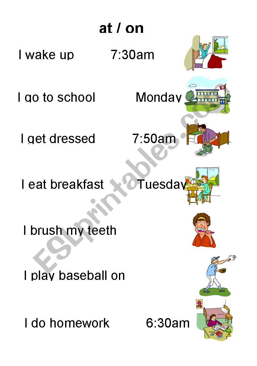 At / on Worksheet to practie prepositions of time