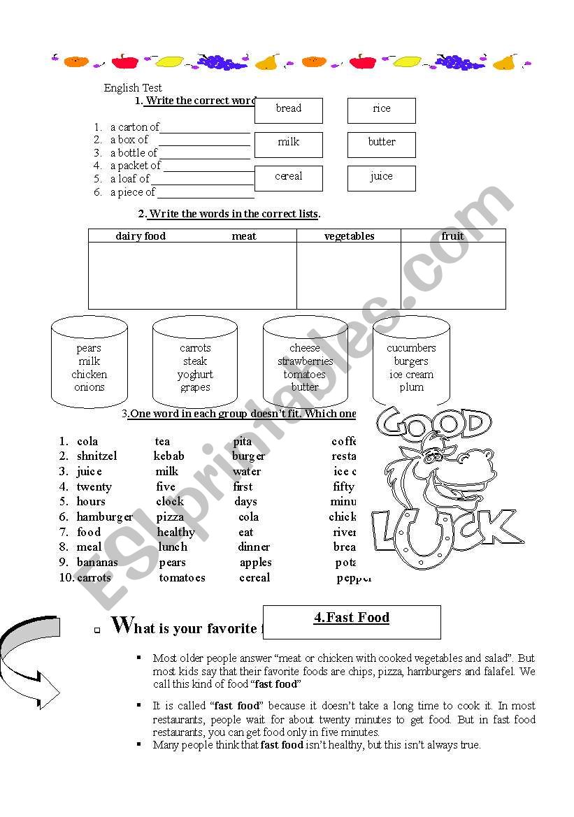 test,  food worksheet