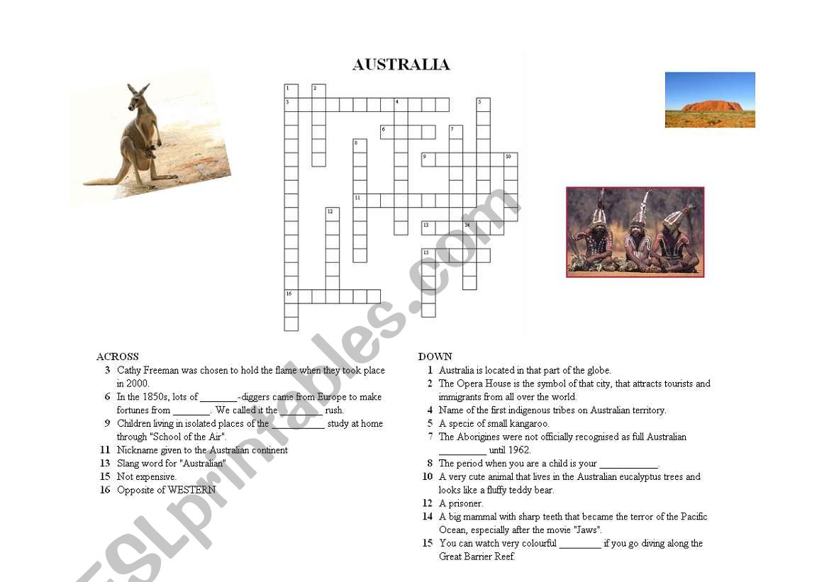Crosswords on AUSTRALIA (Version 2/3) with ANSWER KEYS