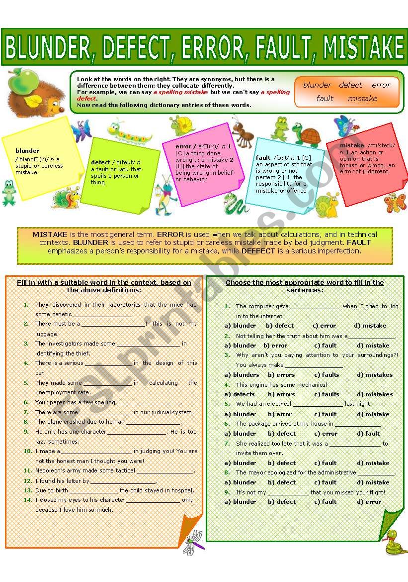 COLLOCATION 4 - BLUNDER, DEFECT, ERROR, FAULT, MISTAKE - ESL worksheet by  evadp75