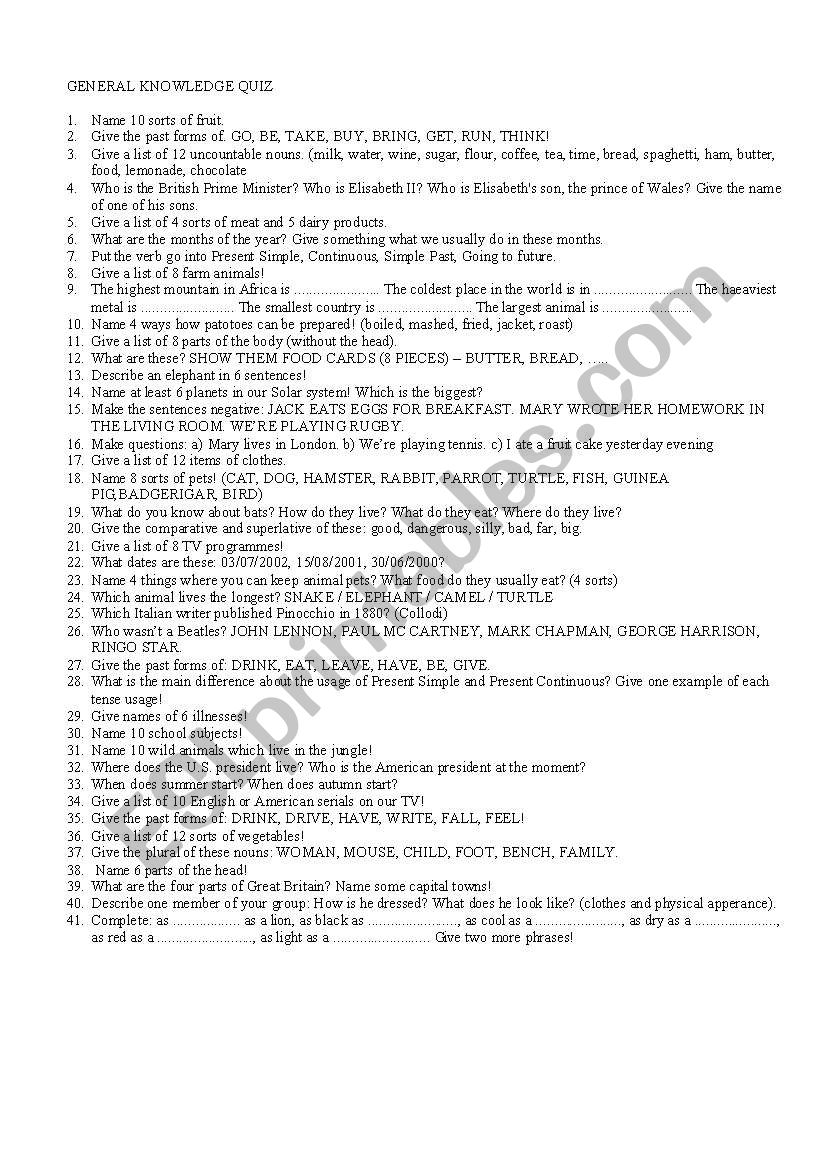 General knowledge quiz worksheet