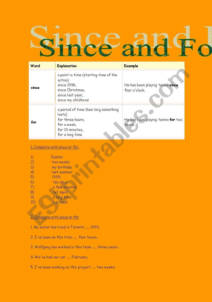 Since and for worksheet