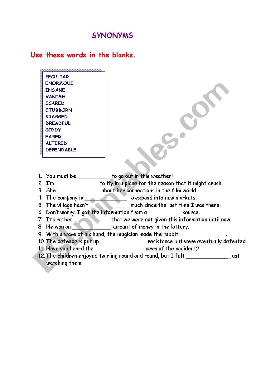synonyms worksheet
