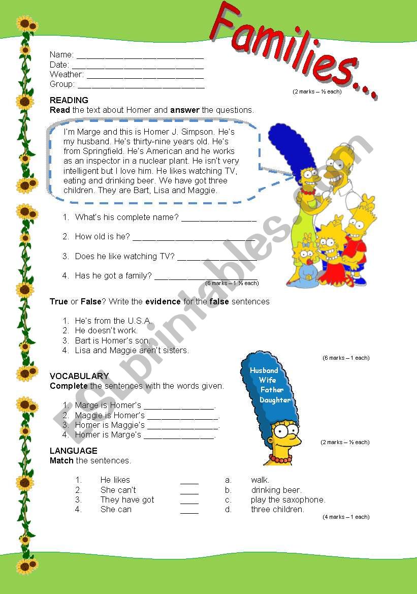 Families (3 / 5 / 09) worksheet