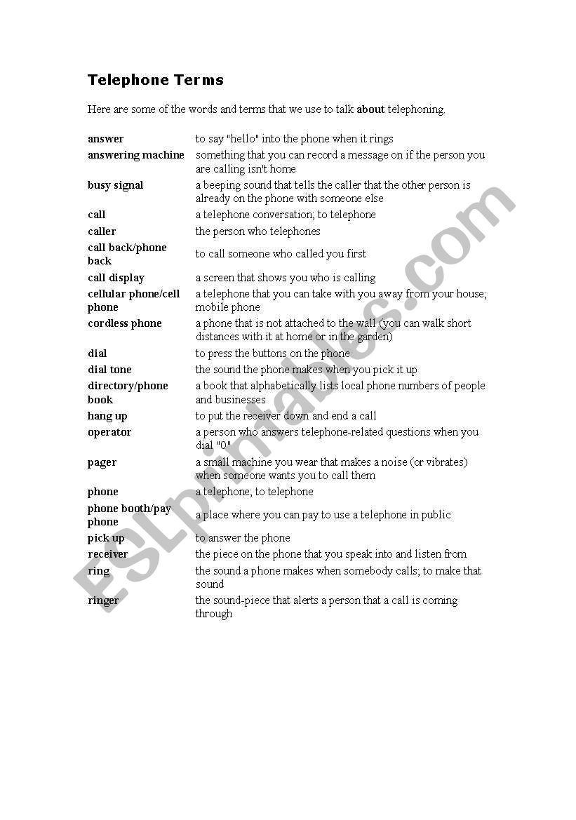 TELEPHONE WORDS  worksheet