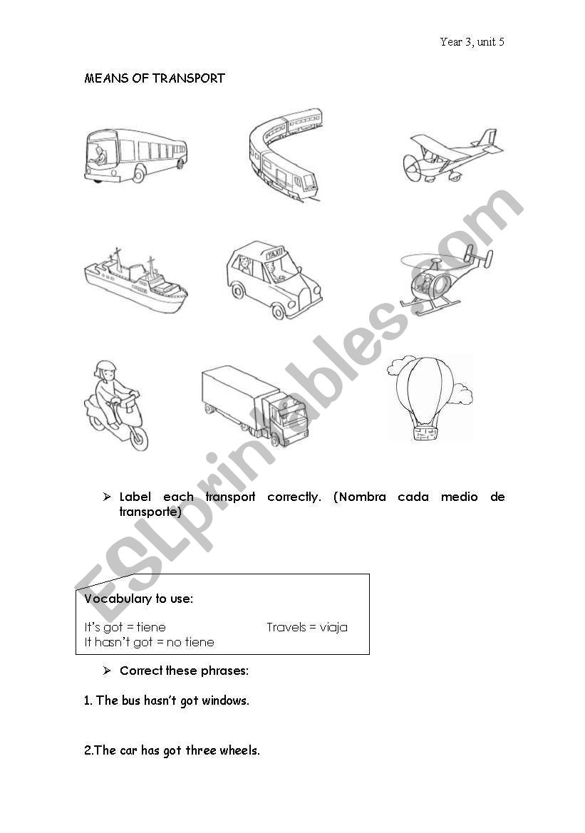 Means of transport worksheet