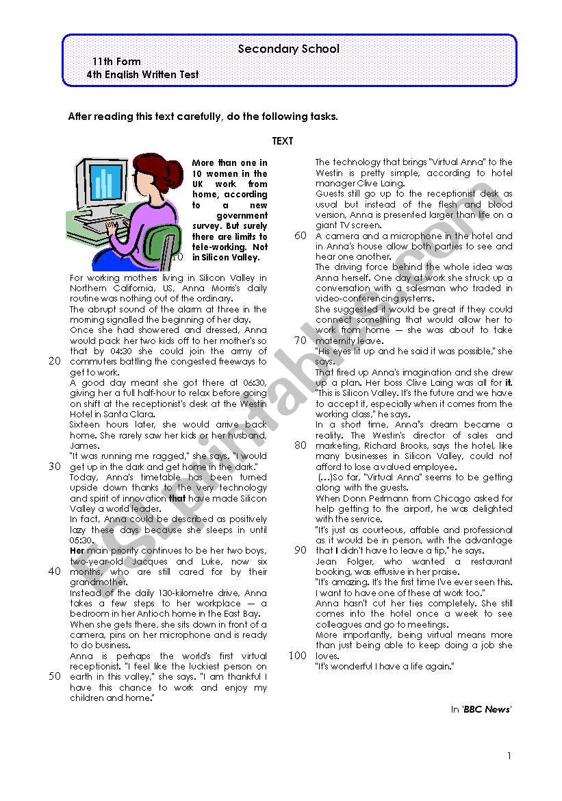 Test on Telework worksheet