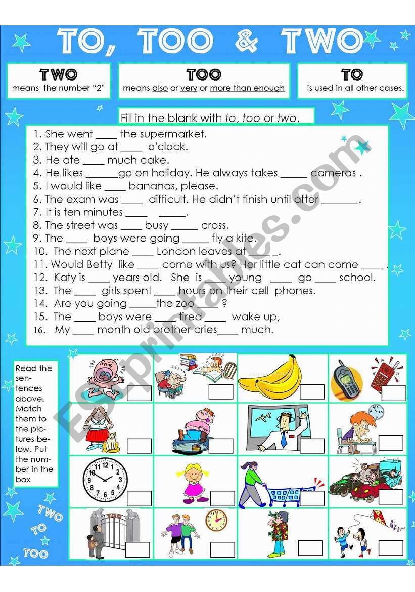 To, Too & Two worksheet