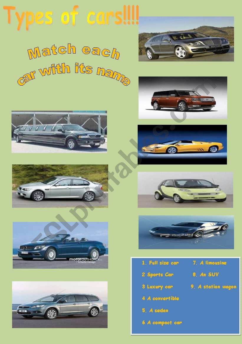 types of cars worksheet