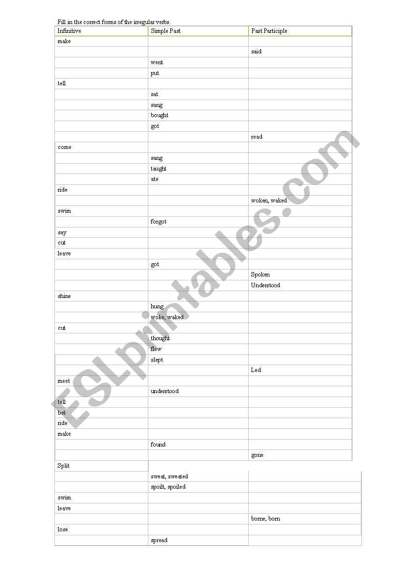 irregular verbs worksheet