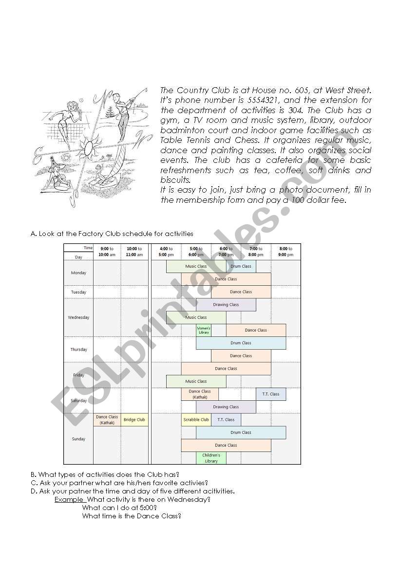 Club Schedule worksheet