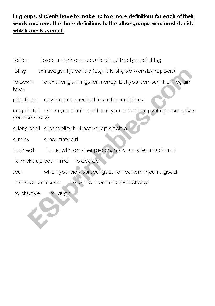 MAMMA MIA PART 2 DEFINITIONS worksheet