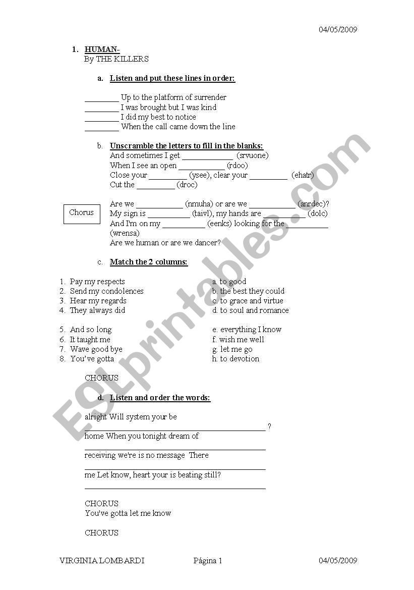 Human- song by Coldplay worksheet