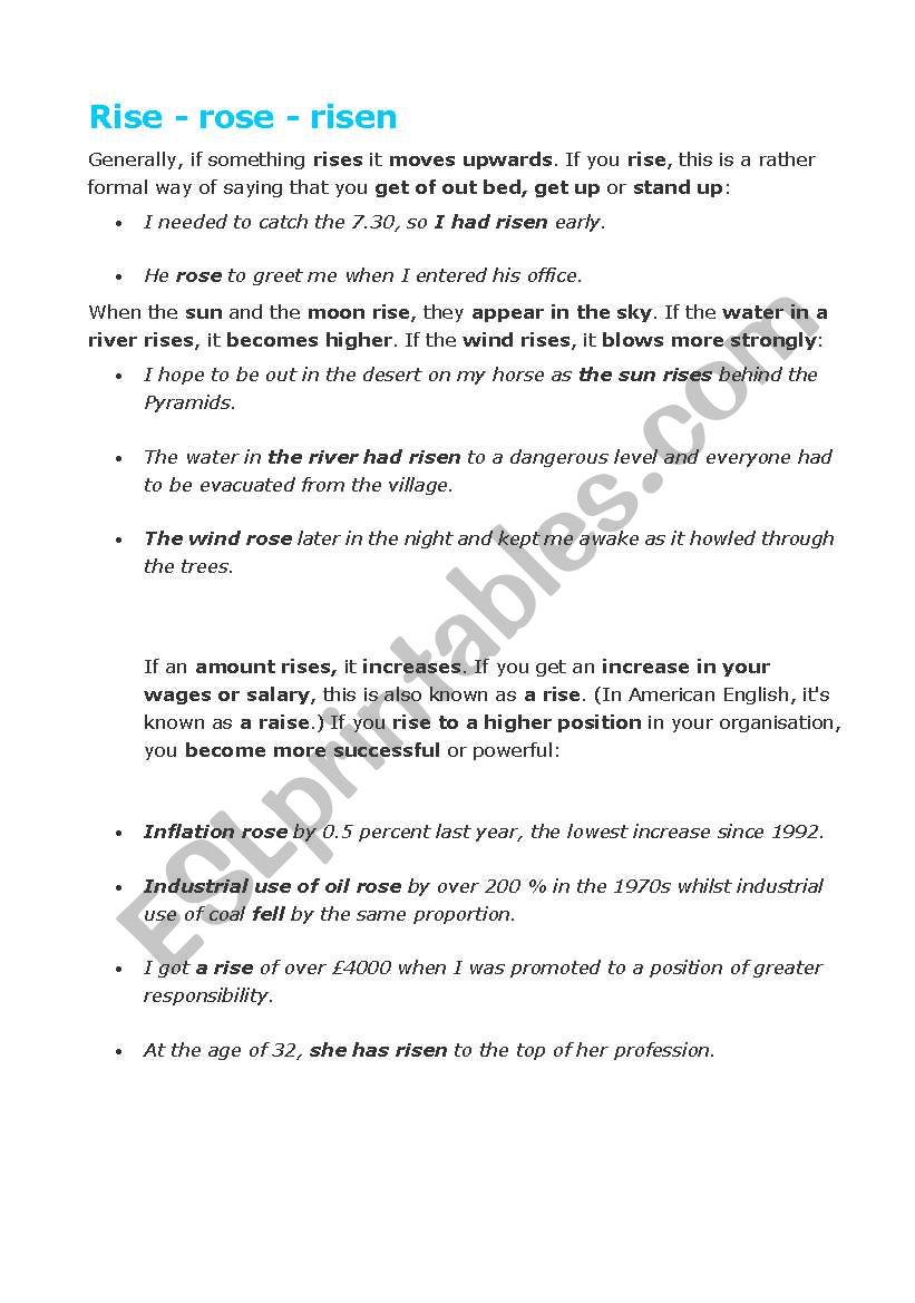 Rise VS Raise worksheet