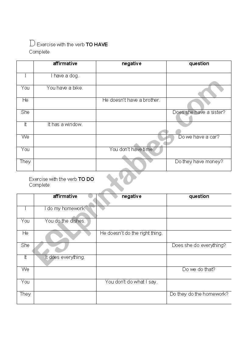 To have, To do Table. worksheet